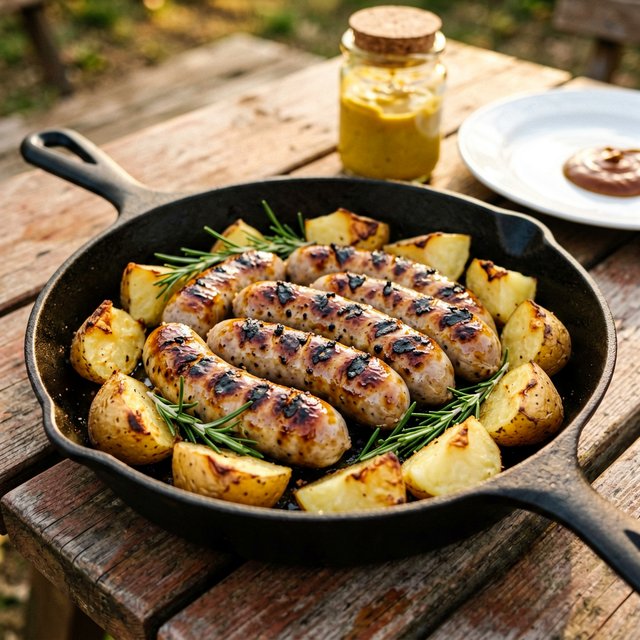 Колбаски на гриле с молодым картофелем